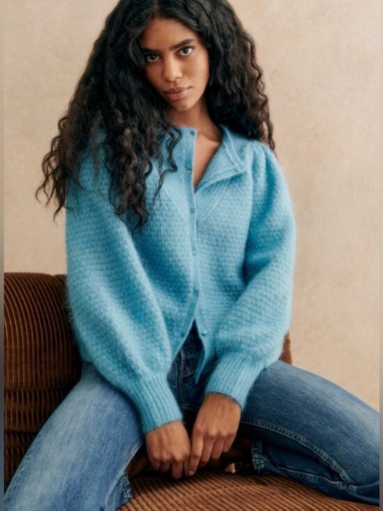 Sezane Sweaters - Sezane Solena Blue Mohair Wool Balloon Sleeves French Casual Cardigan Knit NWT
